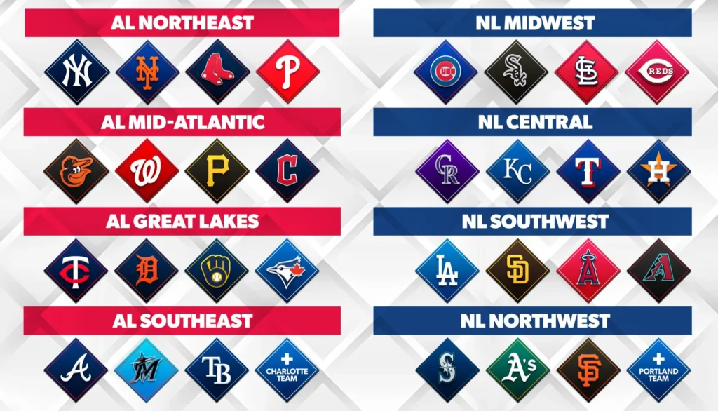 Infographic of proposed MLB realignment divisions with logos