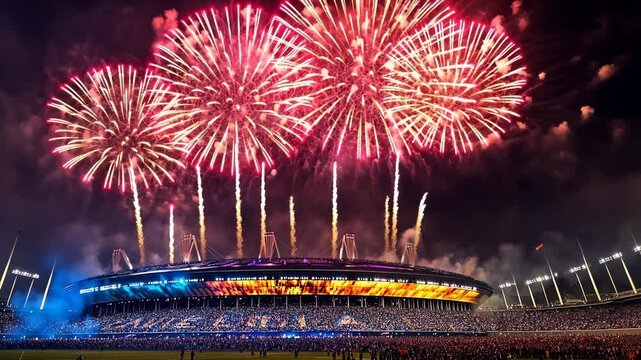 A wide view of the stadium at night with fireworks, celebrating fans, and players in action—a visual symbol of the magic of the Premier League.