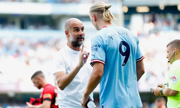 Pep Guardiola is giving tactical instructions at the side of the pitch, and Haaland celebrates a goal in the background.