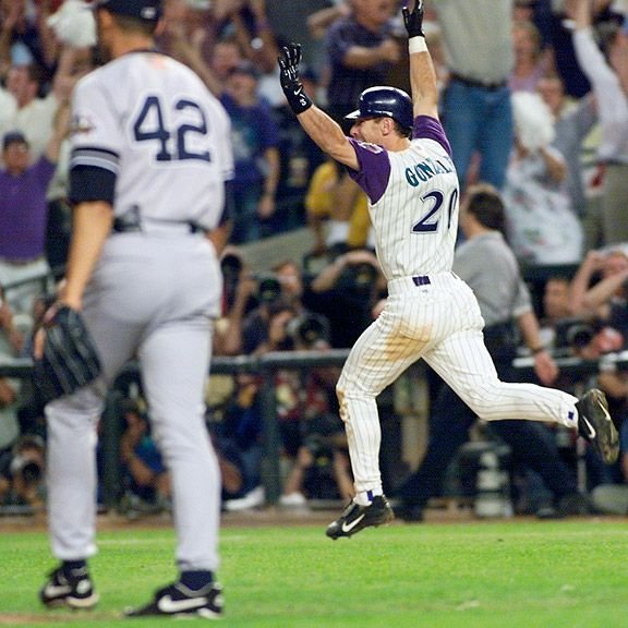 Luis Gonzalez celebrates after his winning hit in the 2001 World Series.