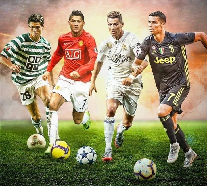 Collage of Ronaldo in Real Madrid, Manchester United, Juventus and Al-Nassr jerseys.