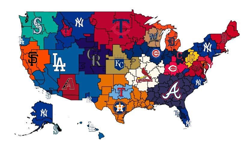 A U.S. map with MLB teams reorganized into regional groups