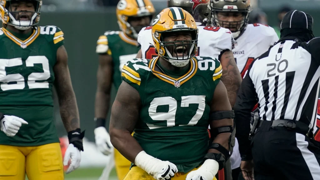 Close-up of Clark celebrating a big play.