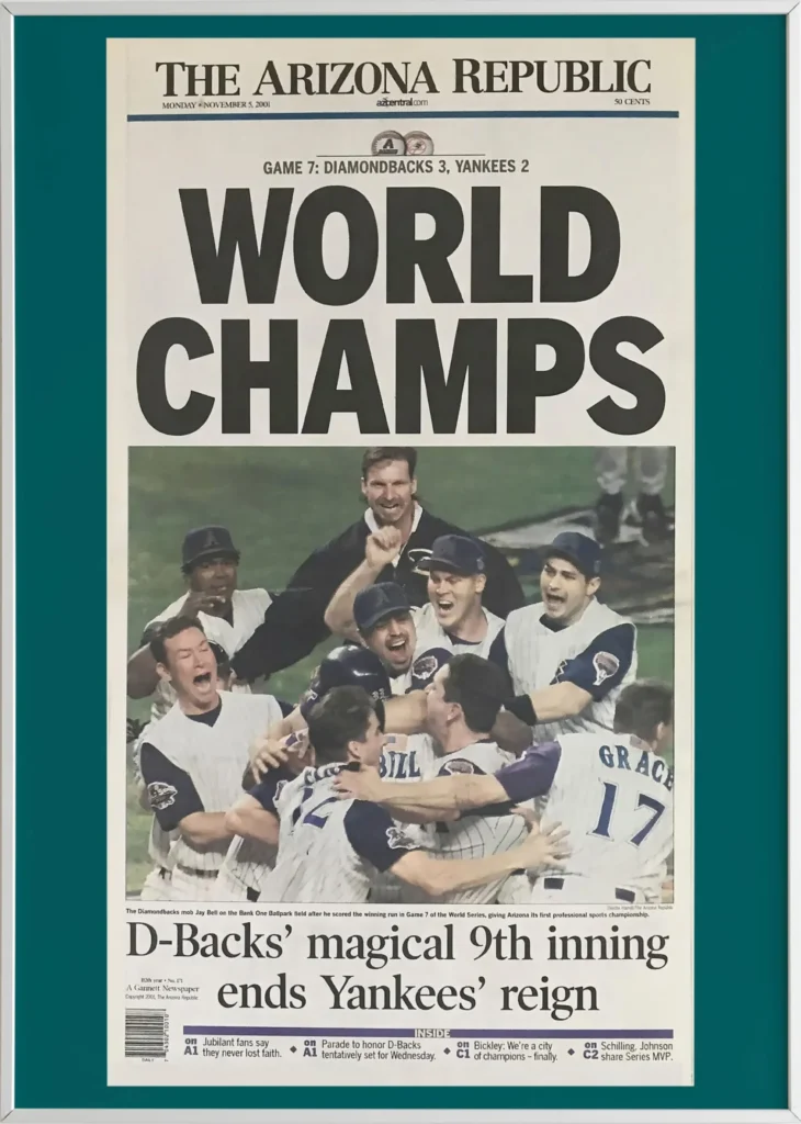 A framed poster of the 2001 World Series champion Arizona Diamondbacks.