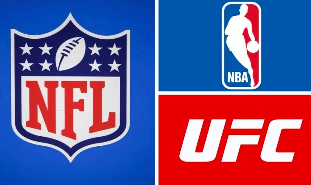 The logos of the NFL, MLB and UFC shown crossed together and a syringe.