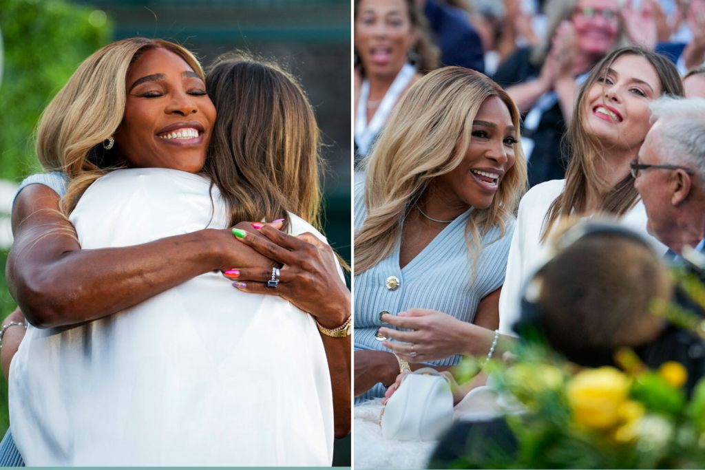 Serena Williams hugs Maria Sharapova at the induction ceremony, smiles all around.