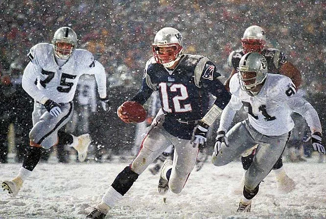 Tom Brady in the snow against the Raiders in the 2001 AFC Divisional Game.