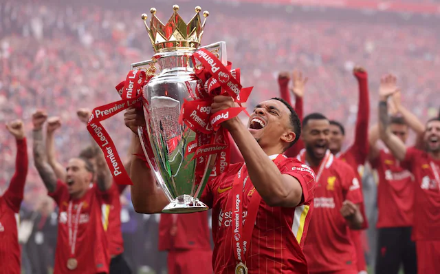 Fans celebrating loudly, players lifting trophies, and dramatic in-game moments are pieced together.