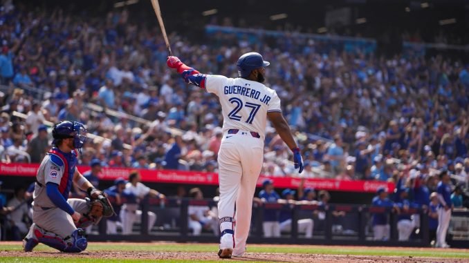 Vladimir Guerrero Jr. celebrates a home run with his teammates at Rogers Centre.