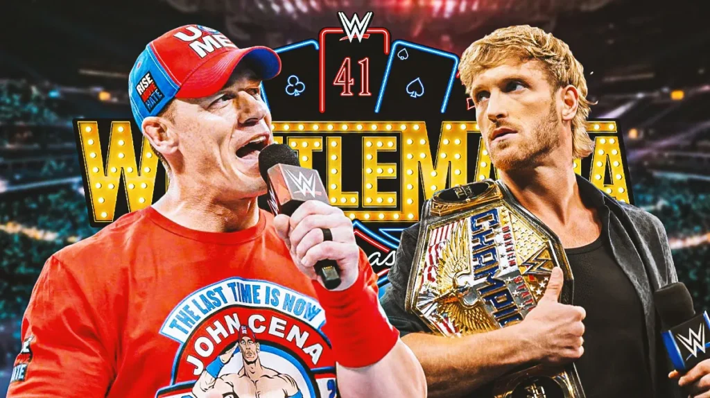 Stadium WrestleMania mock-up poster featuring Cena vs. Logan Paul.