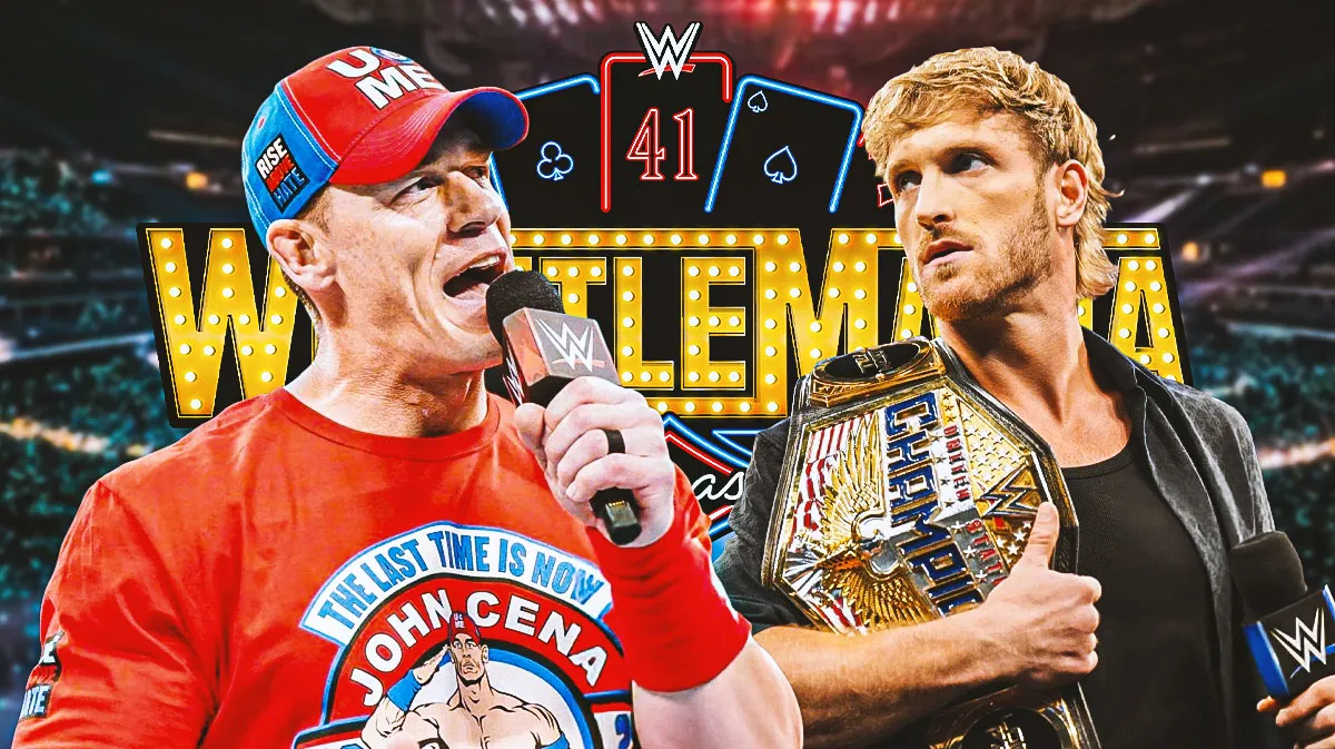 Stadium WrestleMania mock-up poster featuring Cena vs. Logan Paul.