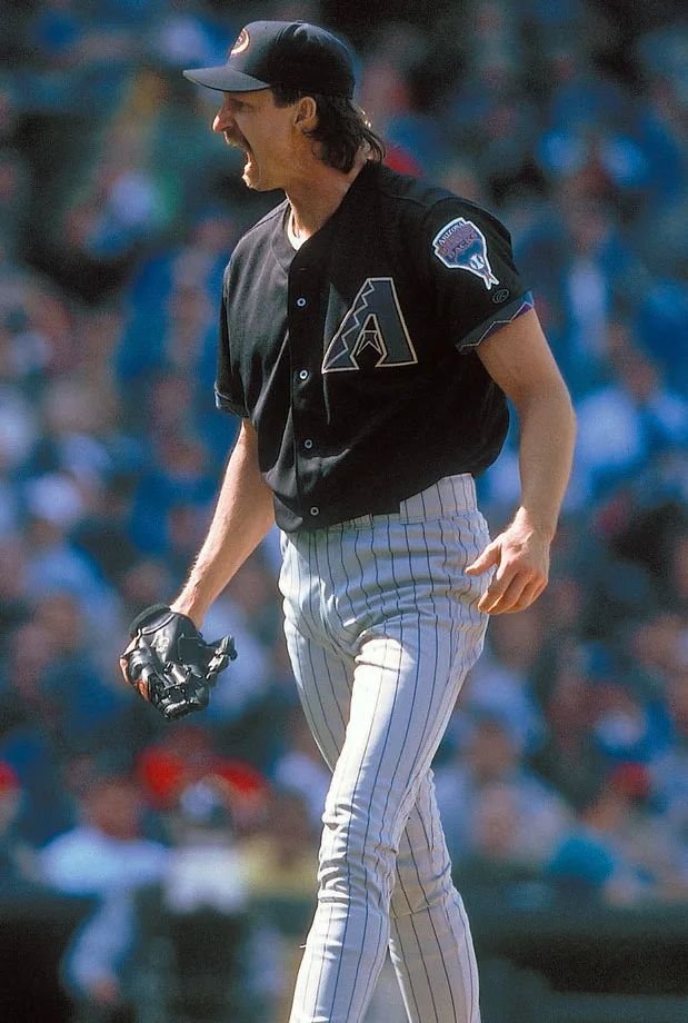 Randy Johnson at mid-pitch in a D-backs uniform.