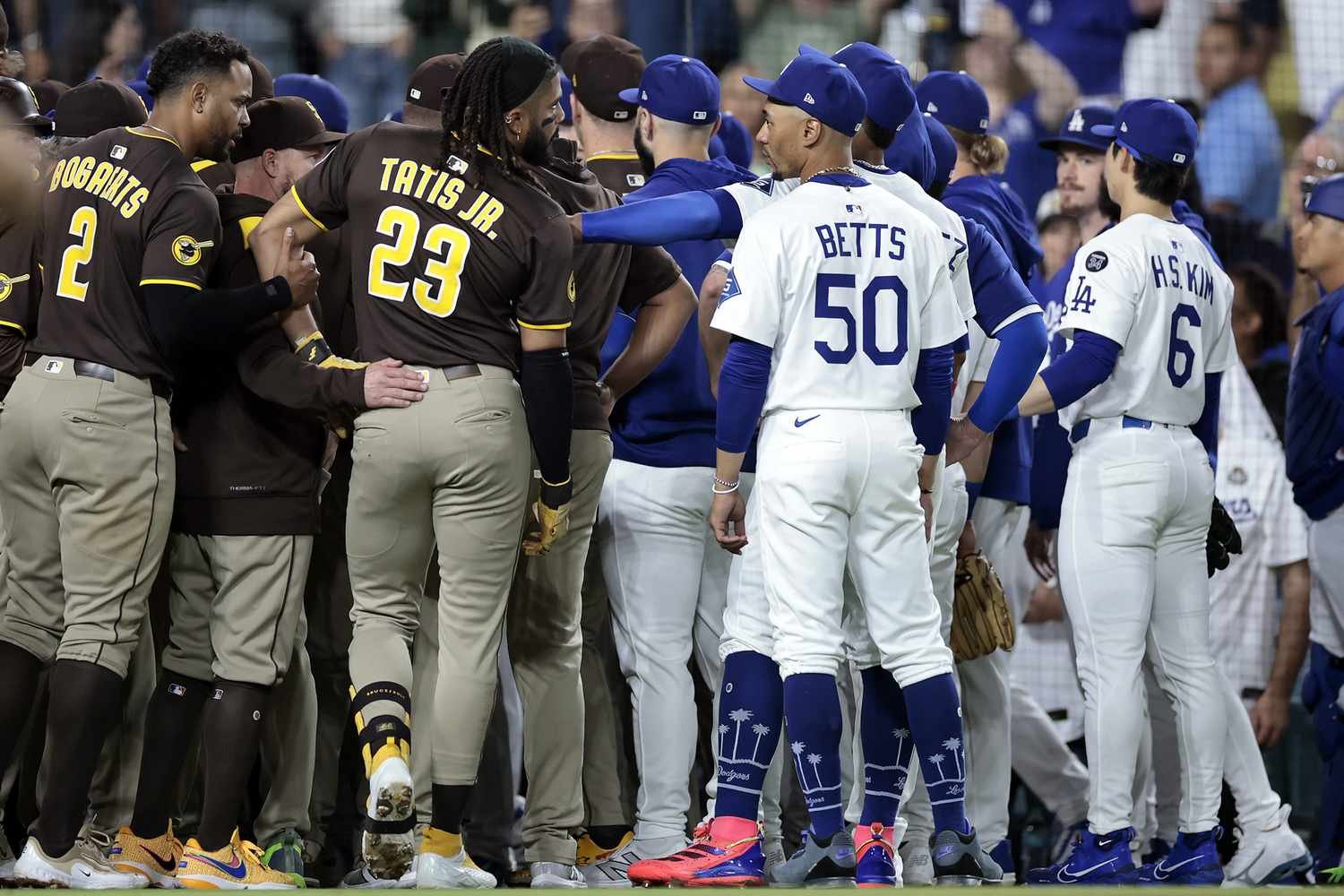 Action shot of a Dodgers vs. Padres match at Dodger Stadium.