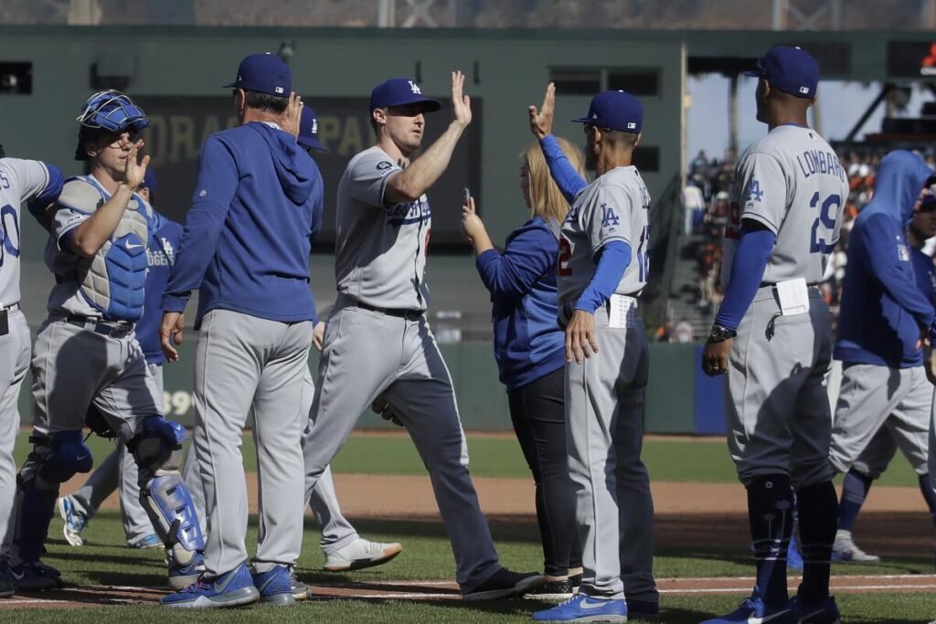 The Dodgers celebrate a walk-off win at Dodger Stadium.