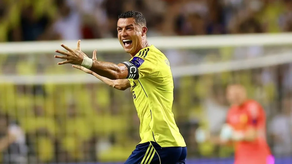 Ronaldo celebrates his penalty goal in the Saudi Super Cup final.