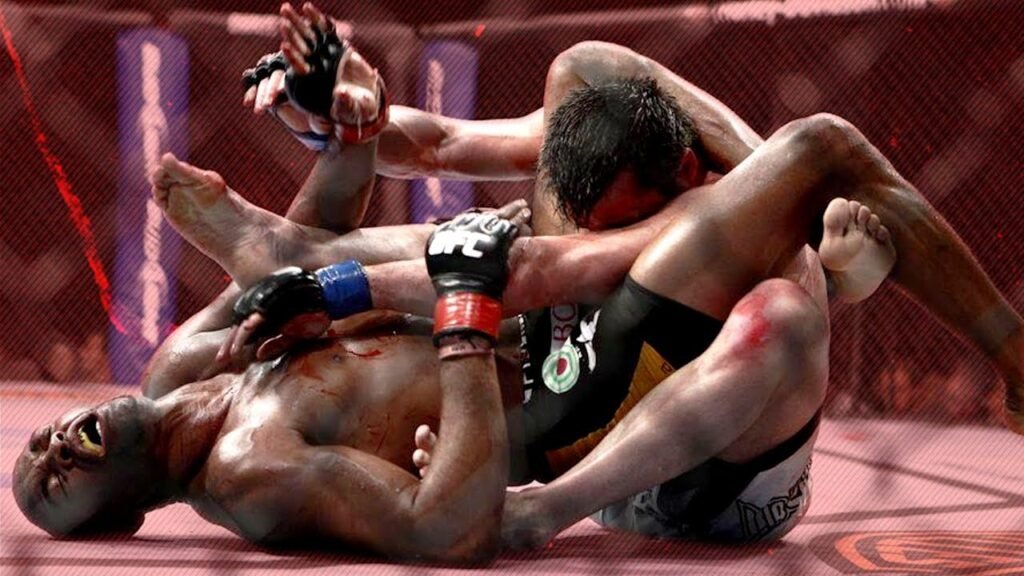 Silva applies a triangle choke while Sonnen struggles to escape.