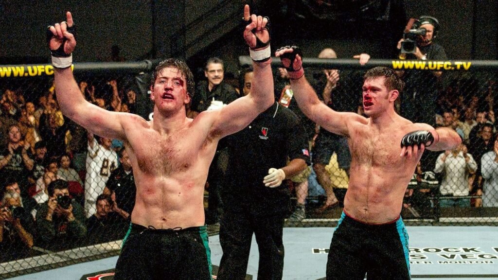 Griffin and Bonnar in the middle of the bout, bloodied but determined.