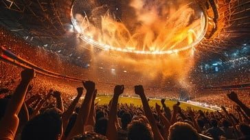 A panoramic view of the stadium with fans waving scarves, banners and fireworks that signal the start of the season.