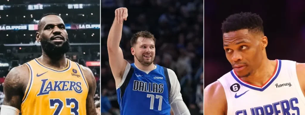 A collage of Luka Dončić, the "triple-double king," with LeBron James, Russell Westbrook and Tony Parker.