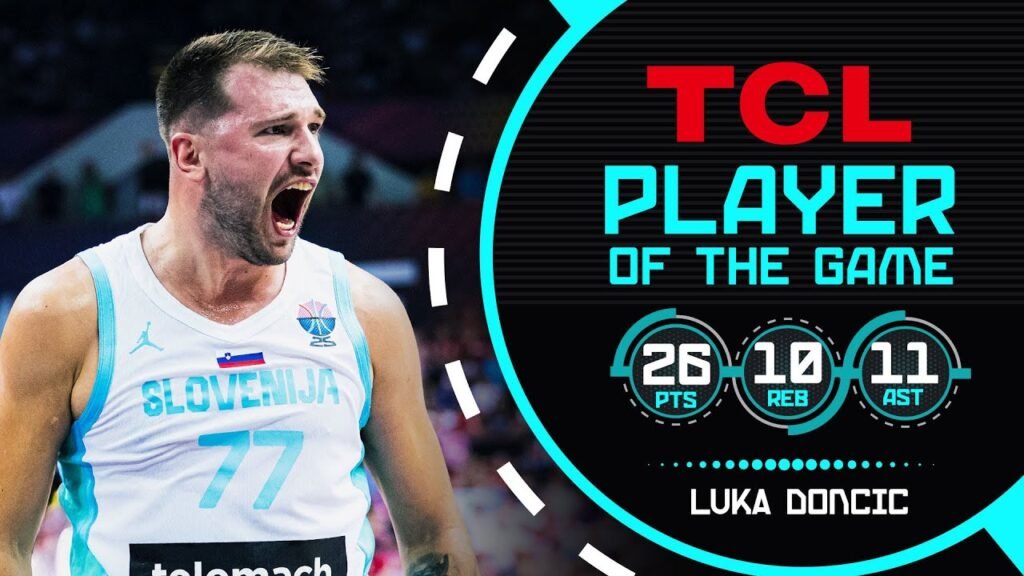 Scoreboard graphic showing Luka's 26-10-11 triple-double stats.